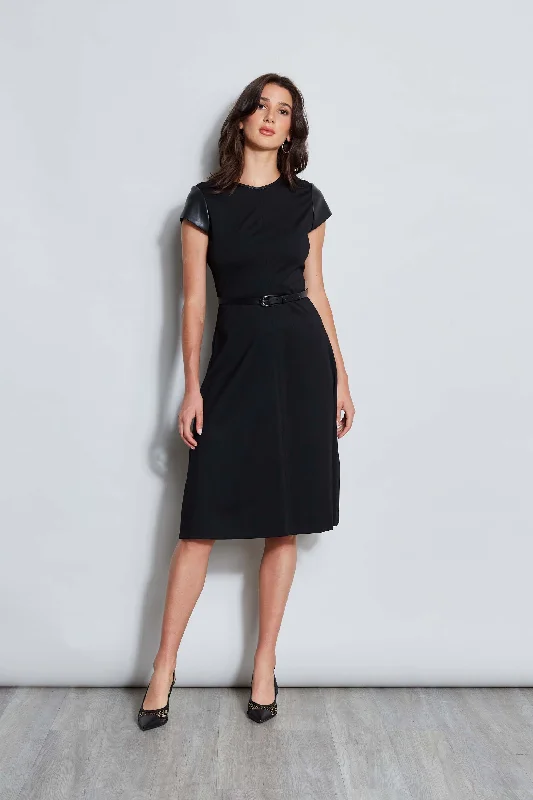 Vegan Leather Short Sleeve Belted Knit Dress Refined Women's 
