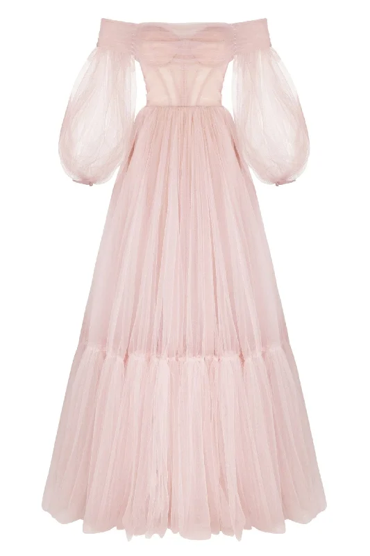 Misty Rose Sheer Sleeves Maxi Tulle Dress Confident Women's High - fashion