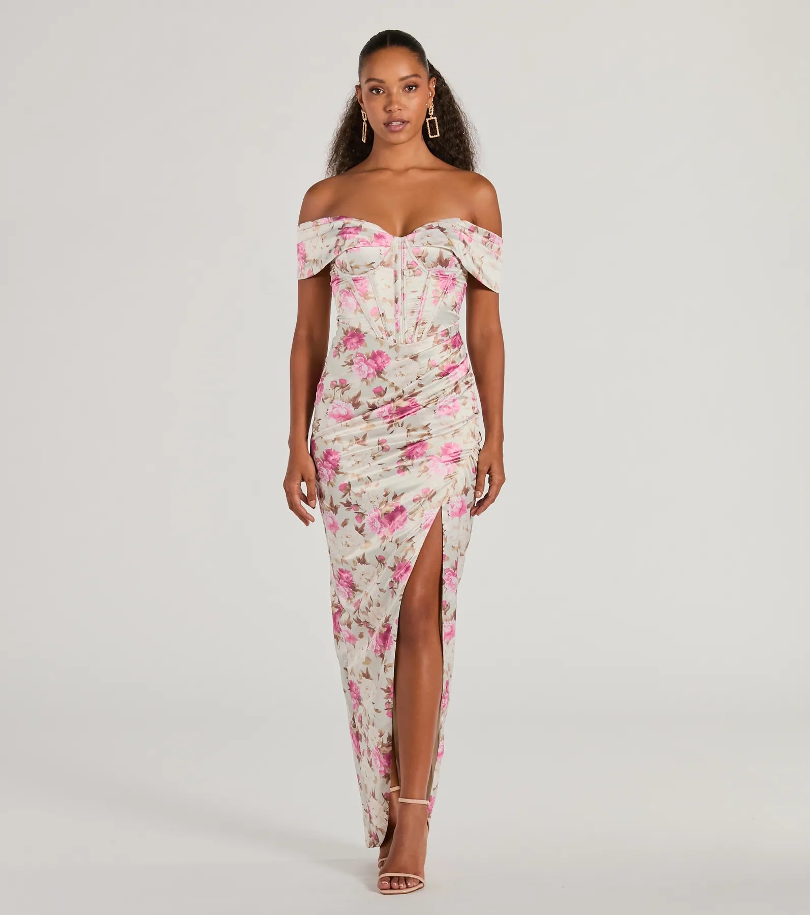 Mildred Off-The-Shoulder Floral Satin Formal Dress Australian Beach