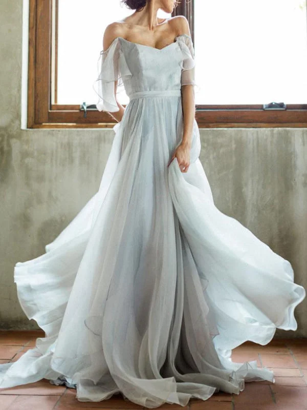 Wedding Dress A Line Off The Shoulder Sleeveless Pleated Court Train Chiffon Boho Bridal Gowns Monochromatic Office Style