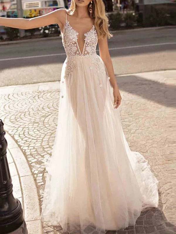 Boho Wedding Dress 2021 A Line V Neck Straps Sleeveless Tulle Beach Bridal Gowns Classic Women's Tweed