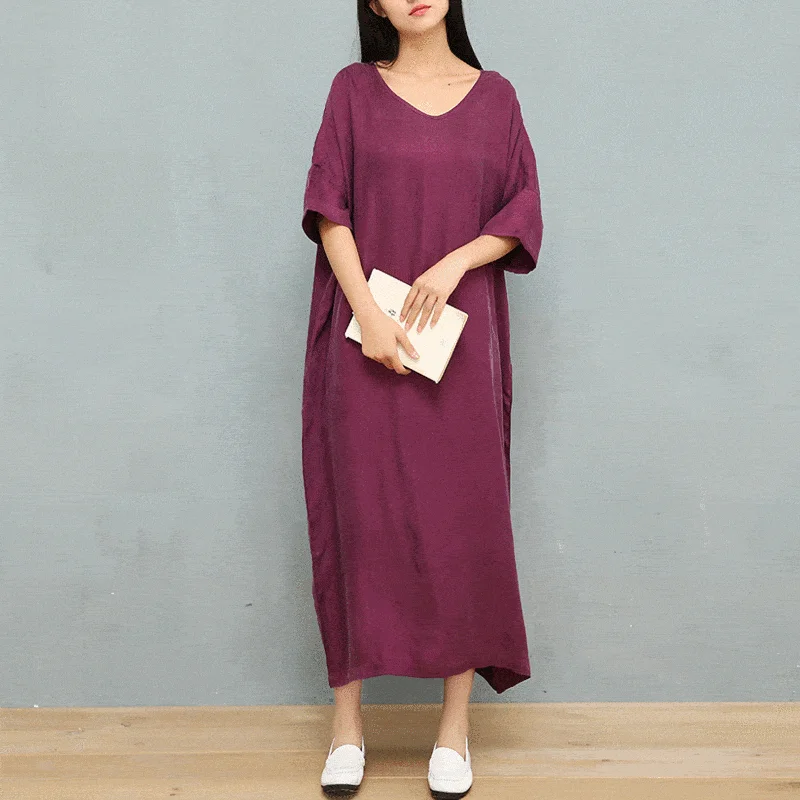 Simple V-Neck Solid Color Silk Midi Dresses Traditional Women's Wool