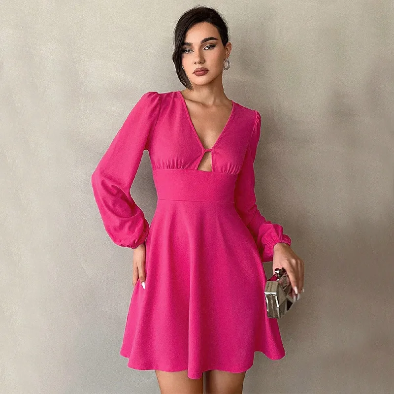 Rose Red V-neck Puff Sleeve A-line Smock Waist Mini Dress Vintage Women's 1970S 
