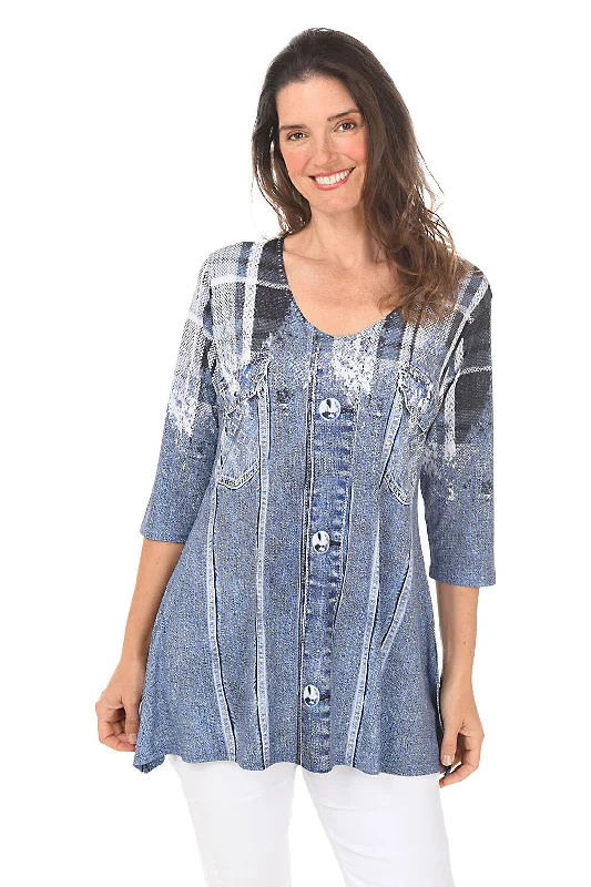 Plaid Denim Jacket Printed Knit Tunic Feminine Women's Soft 
