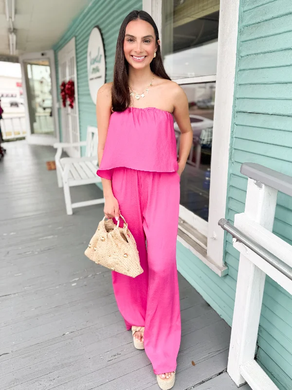 The Amris Strapless Flowy Jumpsuit-Pink Feminine Women's Style 