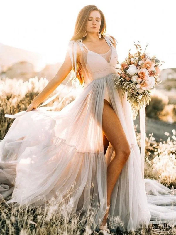 Maternity Wedding Dress Light Grey V-Neck Sleeveless Tulle Long Bridge Gowns With Train Relaxed Women's Beachy