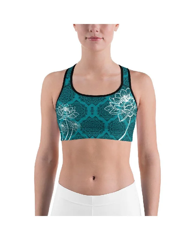 Cyan Blue Lotus Sports Bra Geometric
