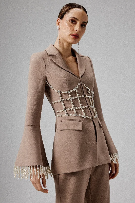 CELESTE Pearl Embellished Blazer in Mushroom Gym