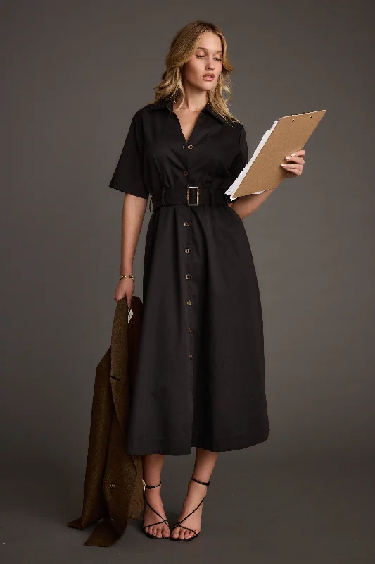 Leena Black Button Front Belted Midi Dress Stylish Women's Neon