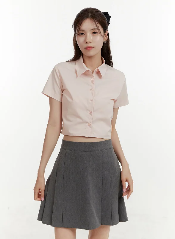 Solid Collar Crop Shirt OY409 Relaxed Women's Beachy
