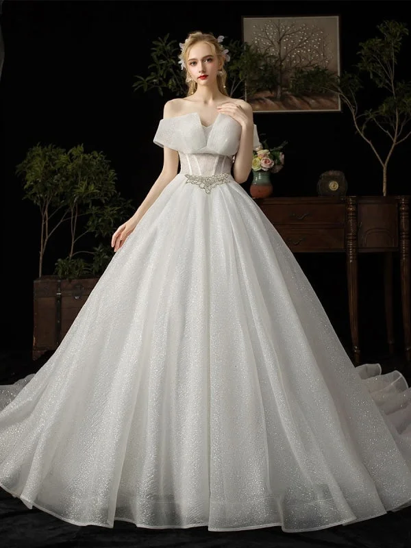 Ball Gown Wedding Dress 2021 Princess Silhouette Cathedral Train Off The-Shoulder Short Sleeves Natural Waist Beaded Sequined Bridal Dresses Sporty Women's Tennis