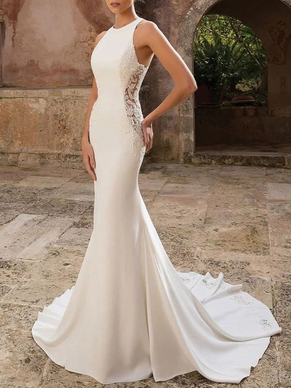 Simple Wedding Dress Lycra Spandex Jewel Neck Sleeveless Lace Mermaid Bridal Dresses British Gentlewoman Style