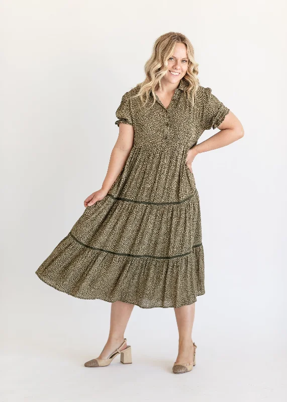Short Sleeve Half Button Tiered Maxi Dress Casual Women's Loose - fitting