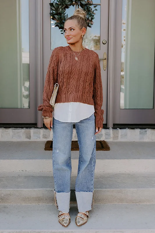 Thriving Weekend Cable Knit Sweater Top In Brown Bold Women's Animal Print