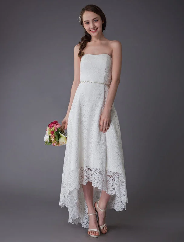 Simple Wedding Dresses Lace High Low Strapless Sash Asymmetrical Short Bridal Dress Exclusive Business