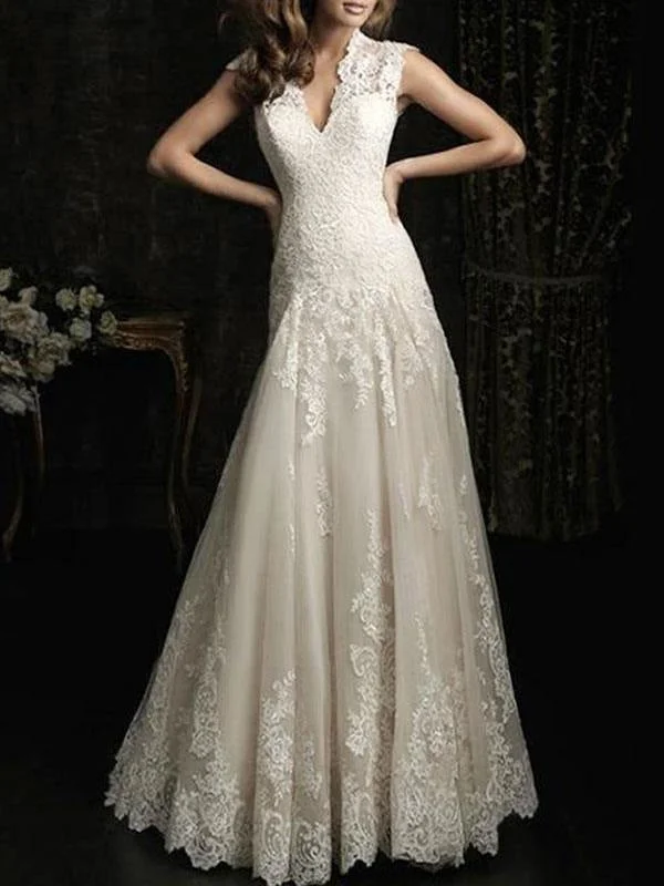 Simple Wedding Dress 2021 Lace V Neck Sleeveless Floor Length Backless Tulle Bridal Gowns With Train French