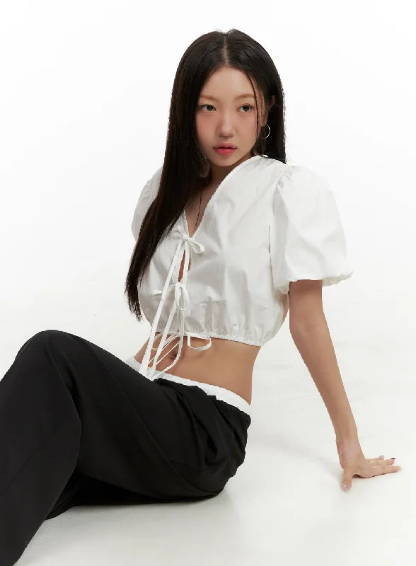 Bubble Sleeve Ribbon V-Neck Crop Top OU403 European