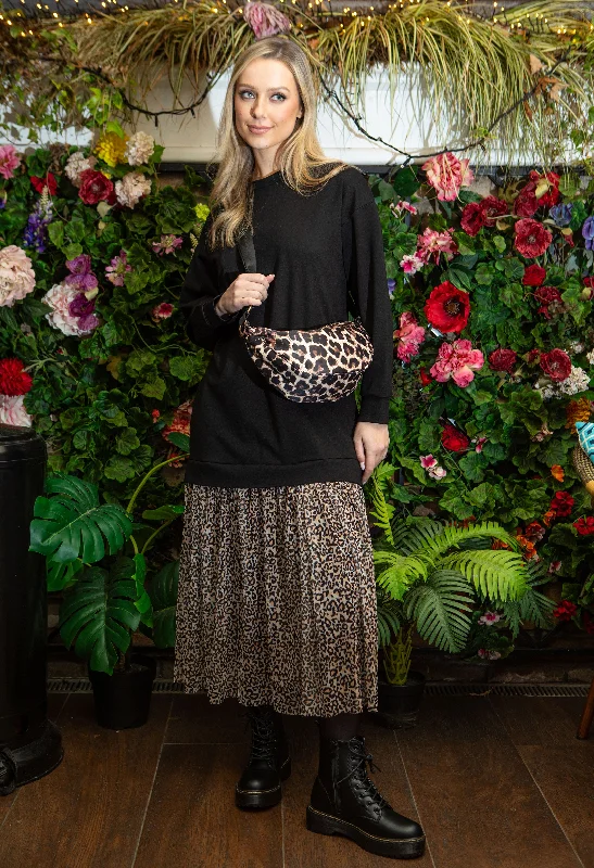 Sweater Dress with Mesh Leo Print Skirt Laid - back Women's Style