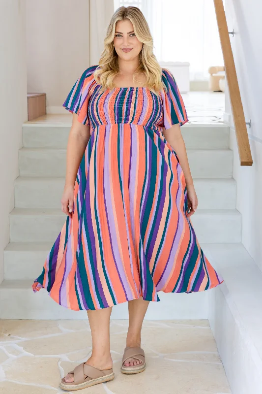 Ailish Shirred Midi Dress Milan Stripe Dapper Women's 1920S