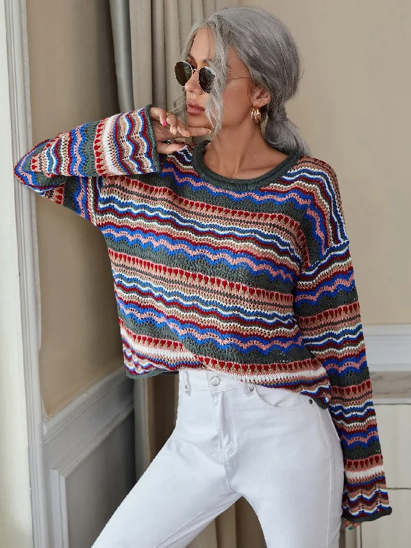 Casual Striped Long Sleeve Round Neck Regular Women Sweater Bohemian Women's Free