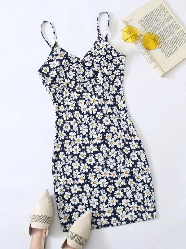 Floral Wrap Sleeveless Spaghetti Strap Pencil Natural Mini Dress Luxurious Women's High -  end