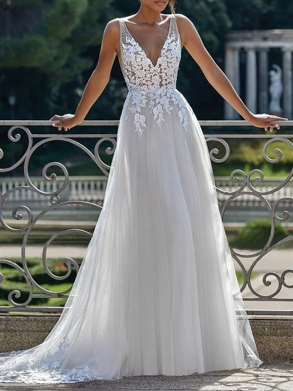 Simple Wedding Dress 2021 A Line V Neck Straps Sleeveless Lace Appliqued Tulle Bridal Gown Sleek Women's 