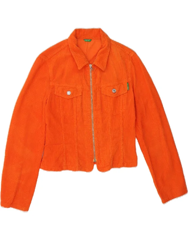 BENETTON Womens Crop Corduroy Jacket UK 14 Medium Orange Cotton Dapper Women's Bow - adorned