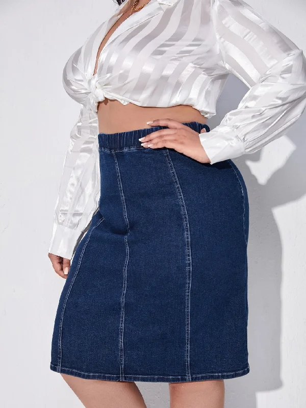 Plain High Waist Knee Length Plus Size Denim Skirt Monochromatic Office Style