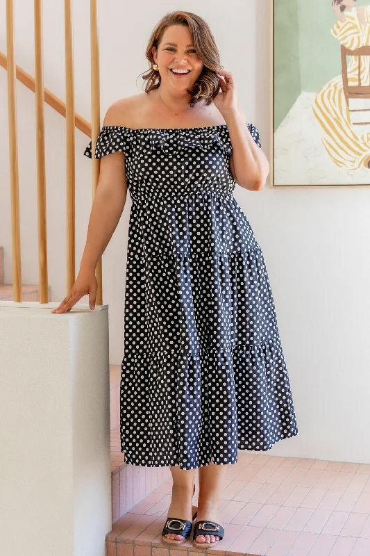 Jackie Off Shoulder Midi Dress Black White Spot Modern Women's Tech