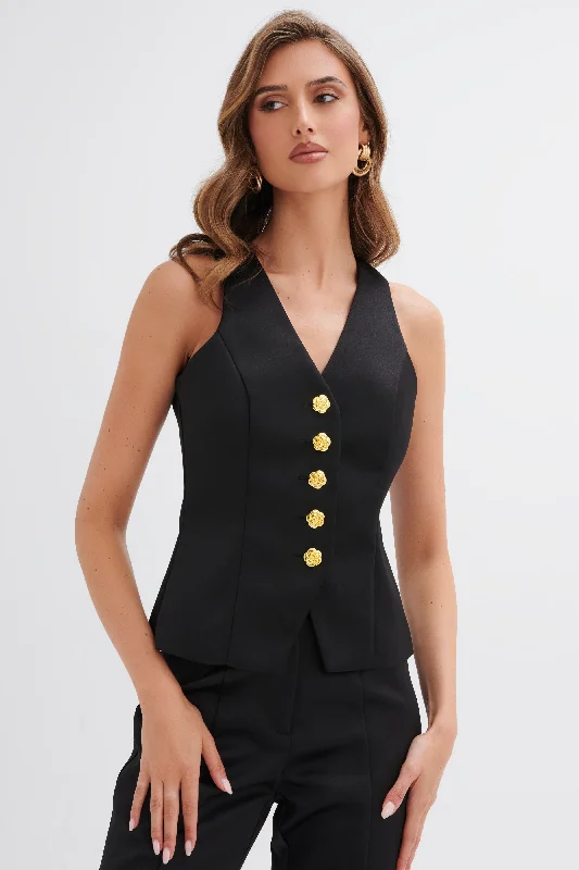 ARIA Rose Button Bonded Satin Waistcoat in Black Luxurious Women's High -  end
