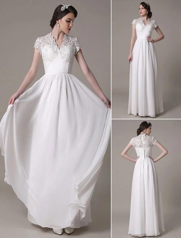 Sheath Wedding Dress V-Neck Lace Chiffon Pleated Floor Length Bridal Dress Exclusive Dynamic Women's High - energy