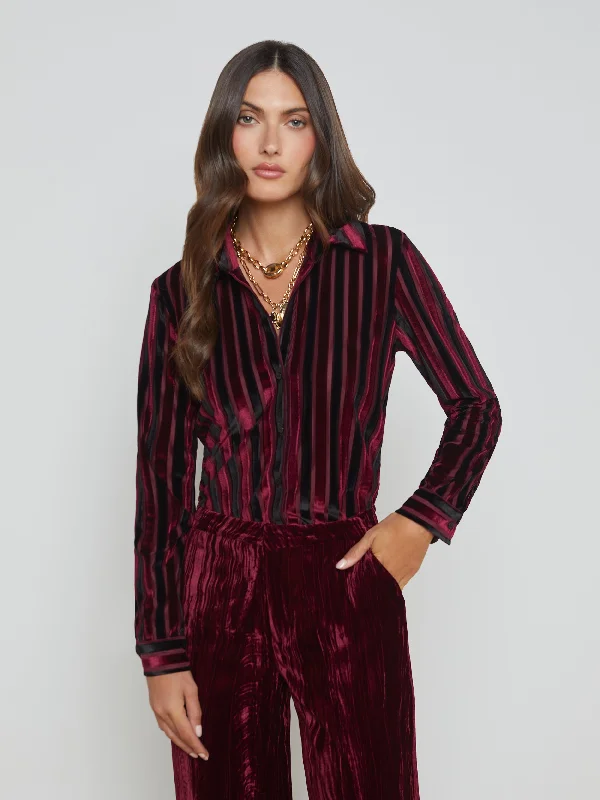 Laurent Striped Velvet Blouse Sleek Women's Metallic