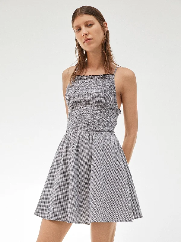 Gingham Shirred Sleeveless Spaghetti Strap Flared High Waist Short Dress Practical Women's Quick - dry