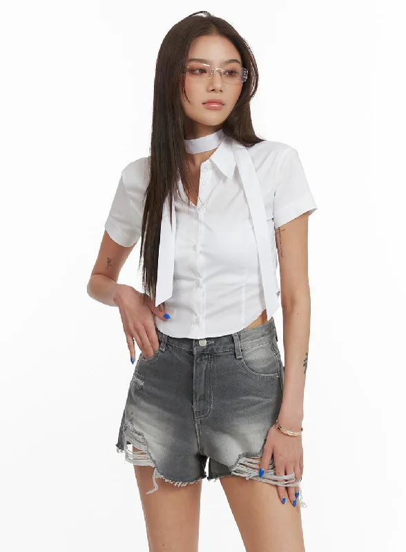 Buttoned Collar Crop Shirt with Scarf CY424 Unique Women's Upcycled