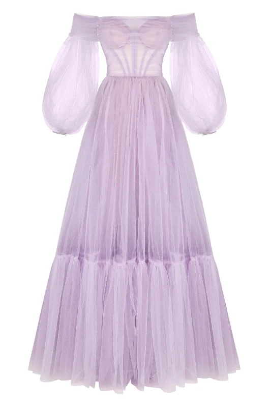 Lavender Sheer Sleeves Maxi Tulle Dress Rugged Women's Outdoor 