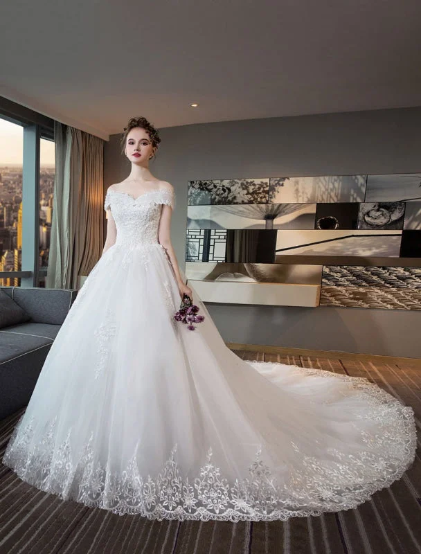 Ivory Wedding Dresses Off The Shoulder Lace Beading Cathedral Train Bridal Dress Polished Women's Silk