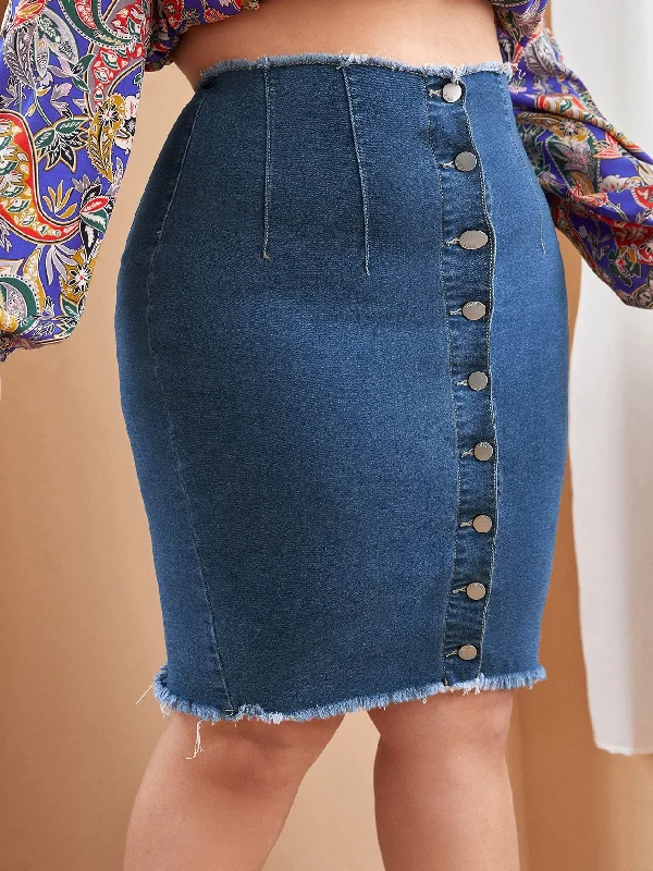 Plain Button Front High Waist Knee Length Plus Size Denim Skirt Contemporary 