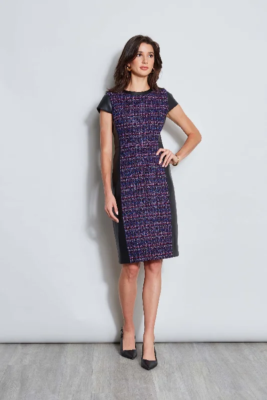 Tweed Vegan Leather Panel Dress Cozy Women's Winter