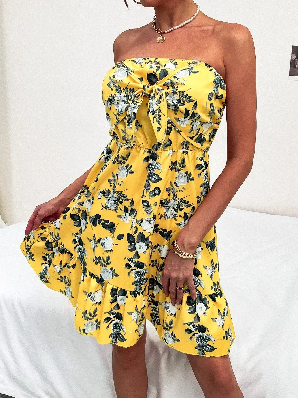 All Over Print Shirred Sleeveless Strapless Flounce High Waist Short Dress Refined Women's Classic 