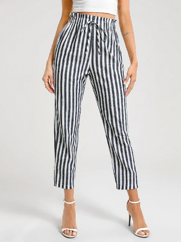 Casual Striped Paper Bag Waist High Waist Cropped Women Pants Youthful Women's Anime - inspired
