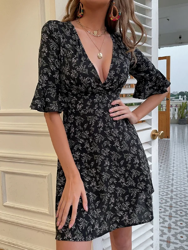 Floral Zipper Half Sleeve Deep V Neck Flared High Waist Short Dress Casual Women's Loose - fitting