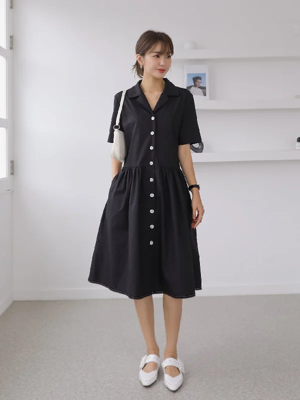 Plain Pocket Short Sleeve Lapel Flared Natural Midi Dress Unique Women's Upcycled
