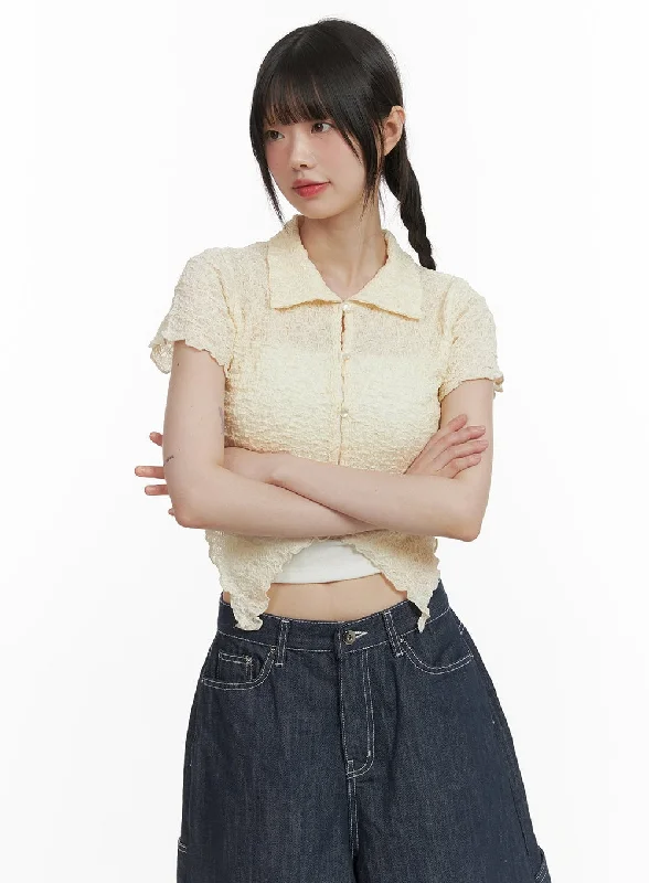 Woven Collar Cropped Shirt CY414 Refined Women's Hand - crafted