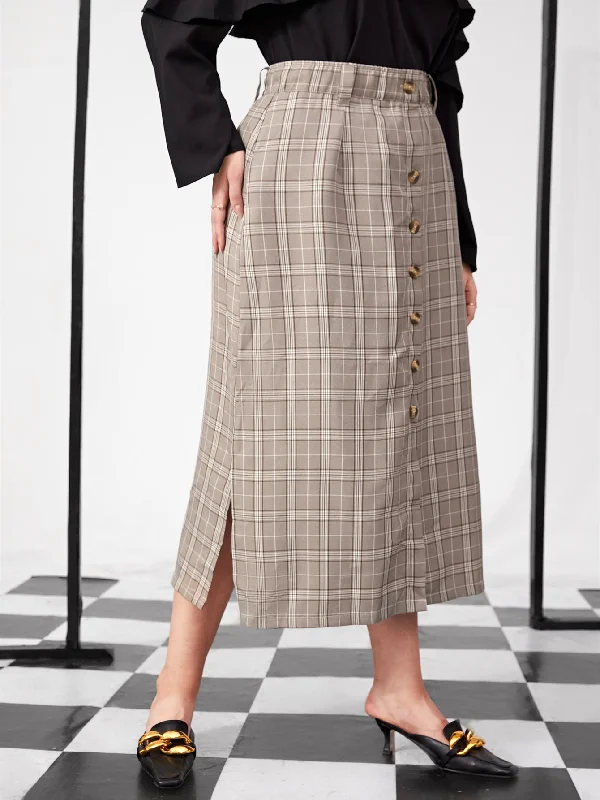 Plaid Button Front Long Plus Size Skirt Country