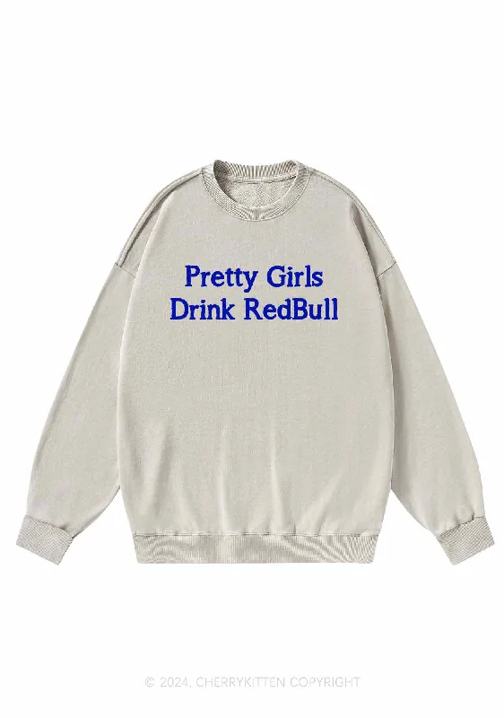 Pretty Girls Drink Redbull Y2K Washed Sweatshirts Cherrykitten Youthful Women's Anime - inspired