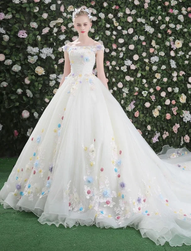 Flowers Quinceanera Dresses White Luxury Off The Shoulder Rhinestones Beading Short Sleeve Women'S Pageant Dresses With Train British Gentlewoman Style