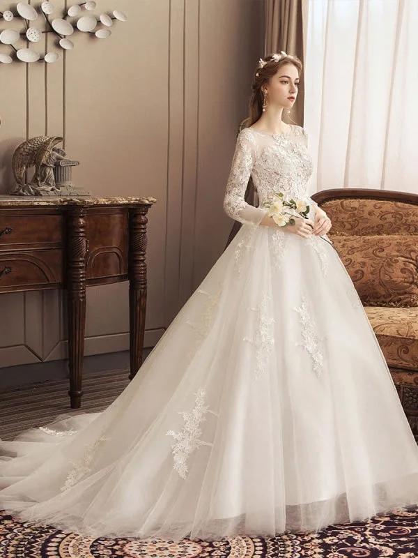 Ivory Wedding Dresses Lace Applique Jewel Neck 3/4 Length Sleeve Princess Bridal Gown With Train Elegant Women's 