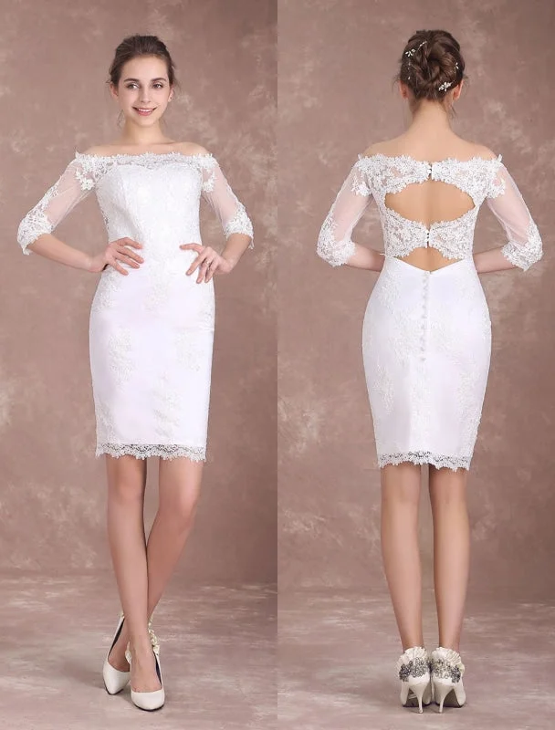 Short Wedding Dresses Sheath Lace Bridal Dress Ivory Off The Shoulder Half Sleeve Illusion Knee Length Column Wedding Reception Dress Exclusive Practical Women's Multi - 