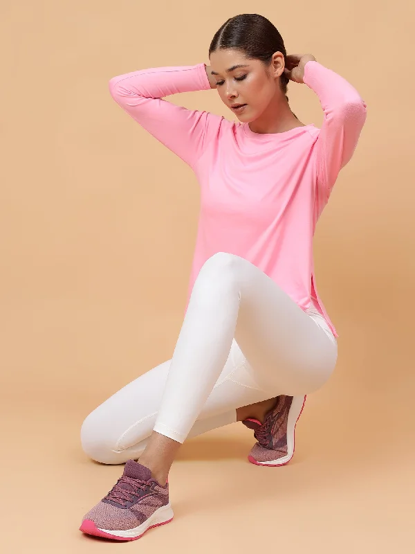 Fitkin Women Neon Pink Long-sleeved Side Slit Tshirt Traditional Women's Wool