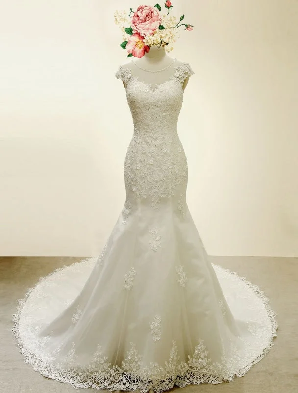 High Qulity Lace Mermaid Wedding Dress Illusion Chaple Train Ivory Beading Bridal Gown Luxurious Women's High -  end